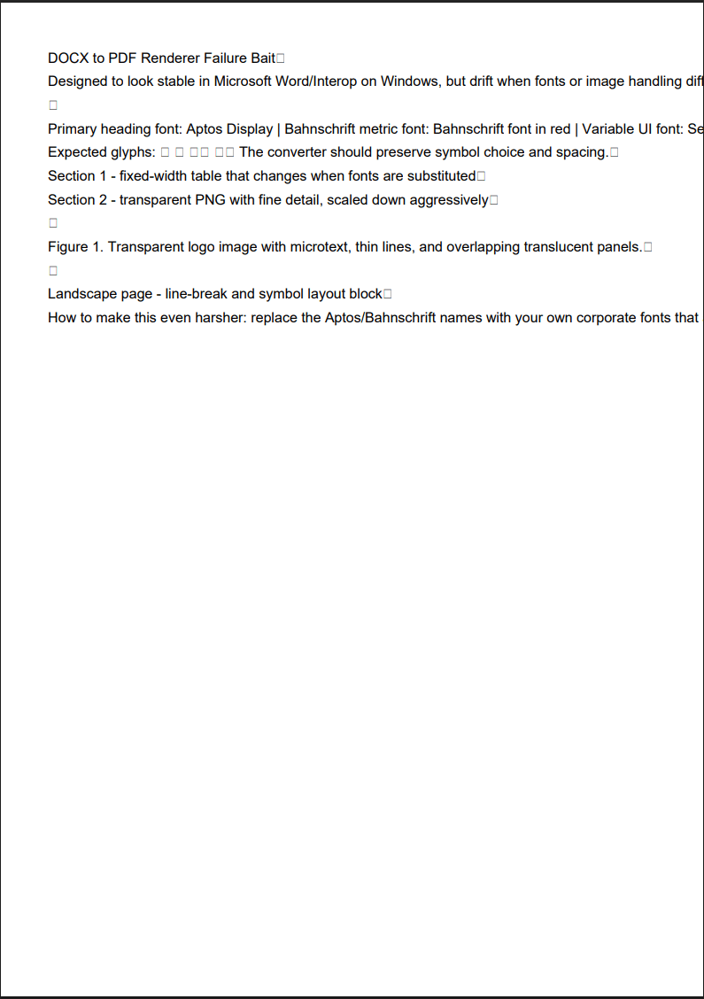 Open XML SDK PdfSharp DOCX to PDF conversion failure showing missing tables, broken emoji squares, lost images, and collapsed formatting in PDF