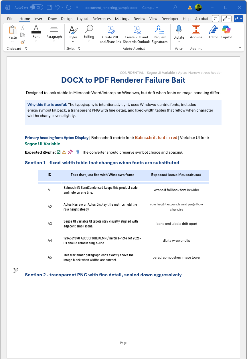 Original DOCX document open in Microsoft Word showing formatted tables, emoji characters, custom fonts, and transparent PNG image