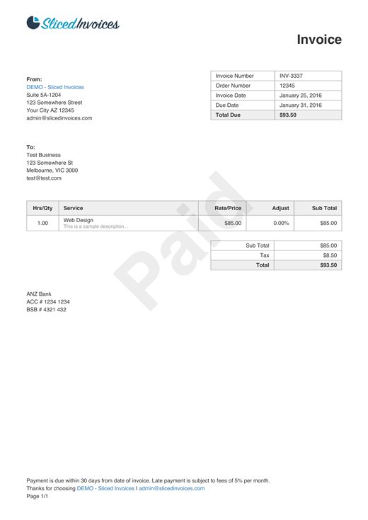Sample invoice PDF used in the Excel demo