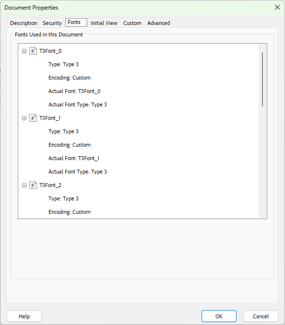 Before: Adobe Acrobat font properties listing Type 3 fonts T3Font_0, T3Font_1 and T3Font_2