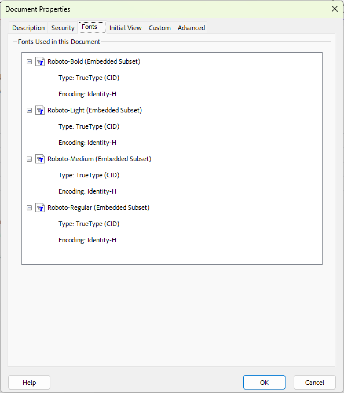 After: Adobe Acrobat font properties listing Roboto-Light, Roboto-Regular, Roboto-Medium and Roboto-Bold as embedded TrueType (CID) fonts