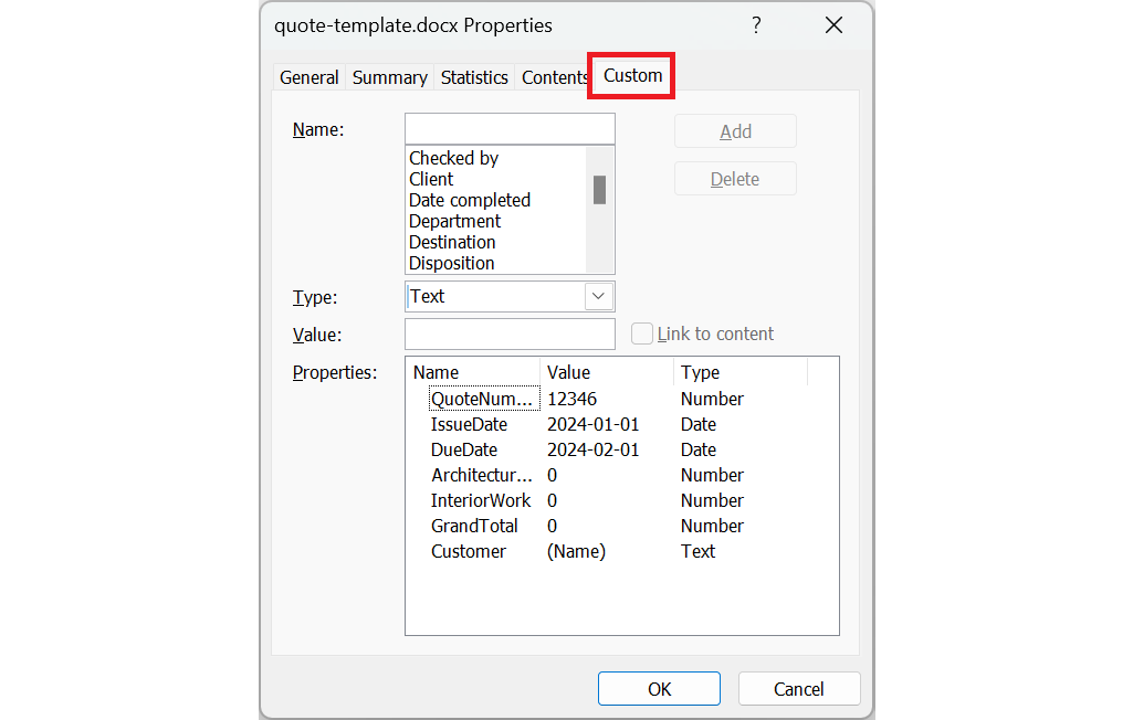 Setting the custom properties