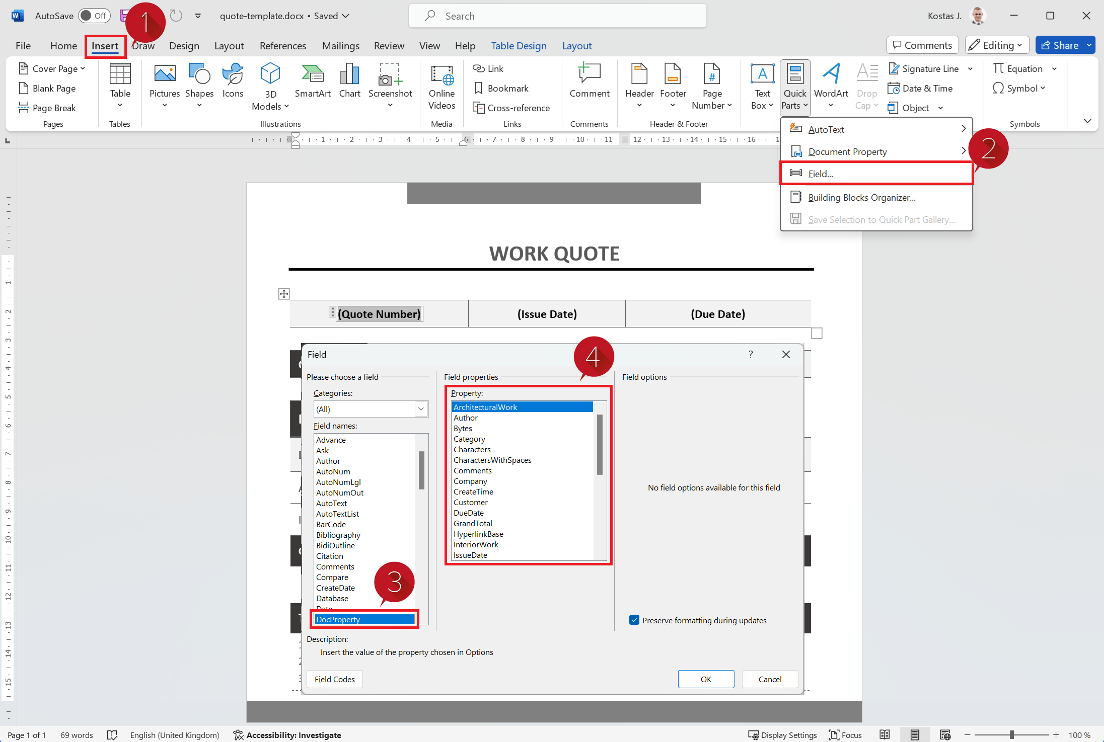 Insert custom properties into the template