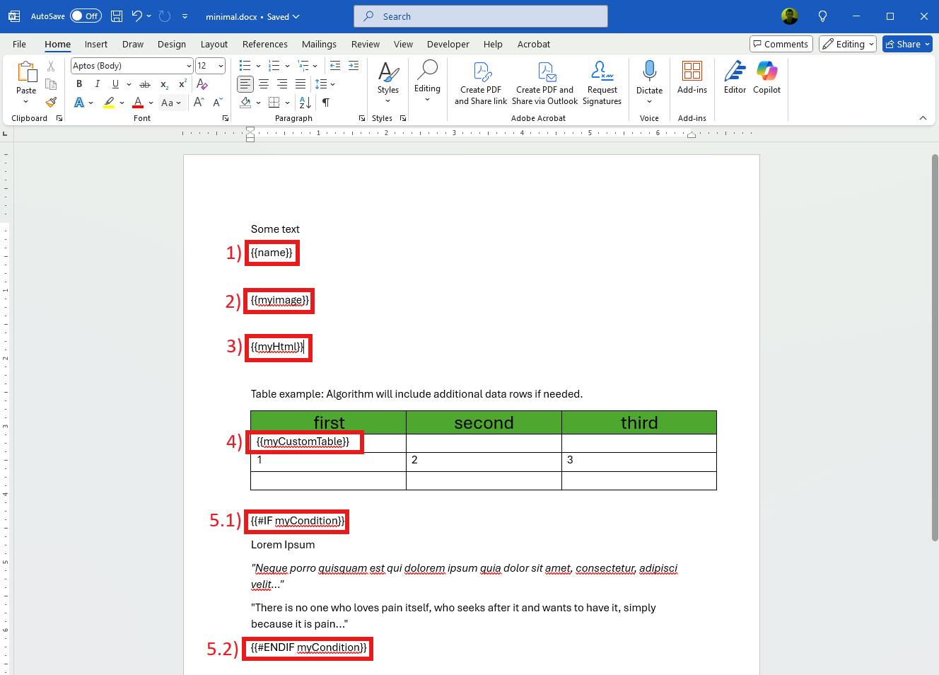 Set up the template using placeholders