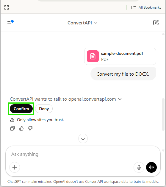 Confirming a conversion request in ChatGPT