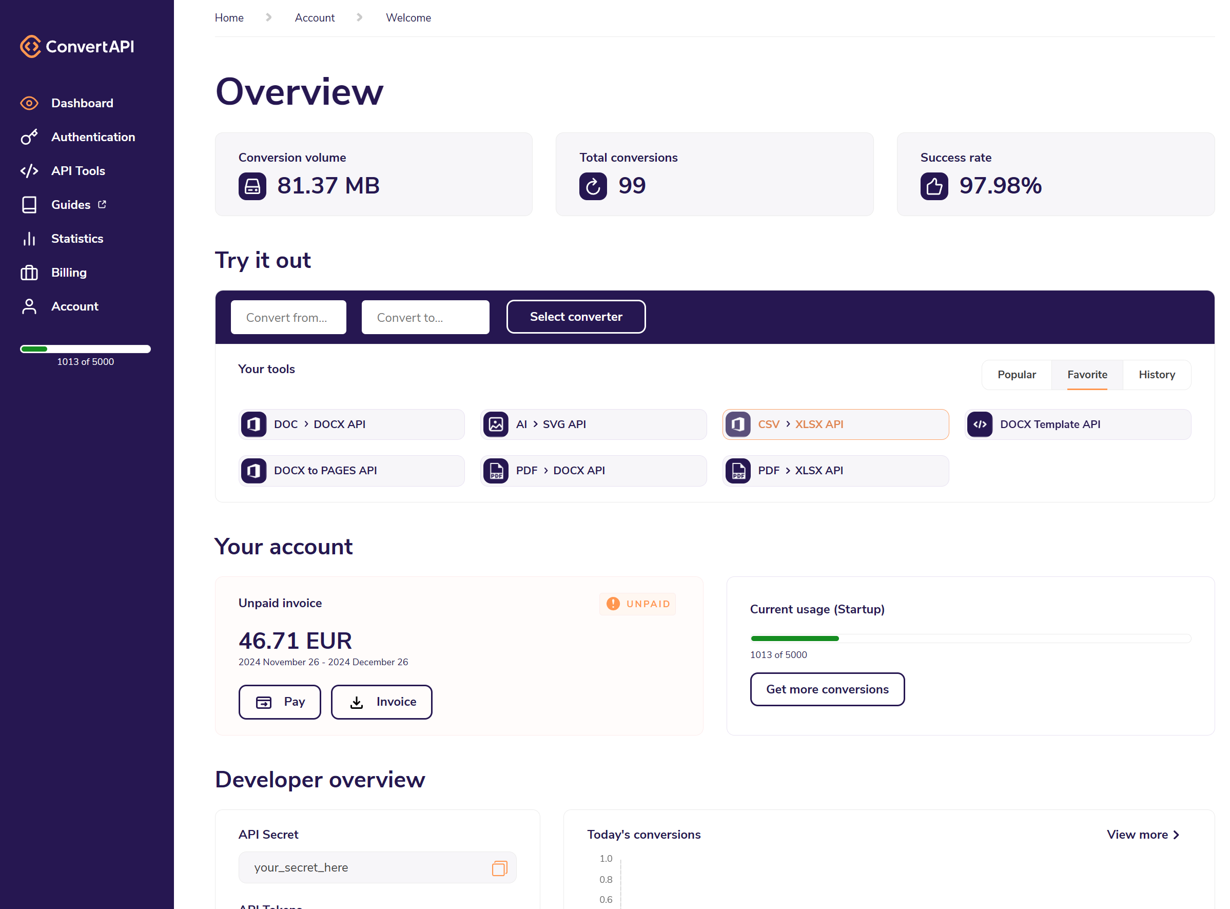 Updated account dashboard